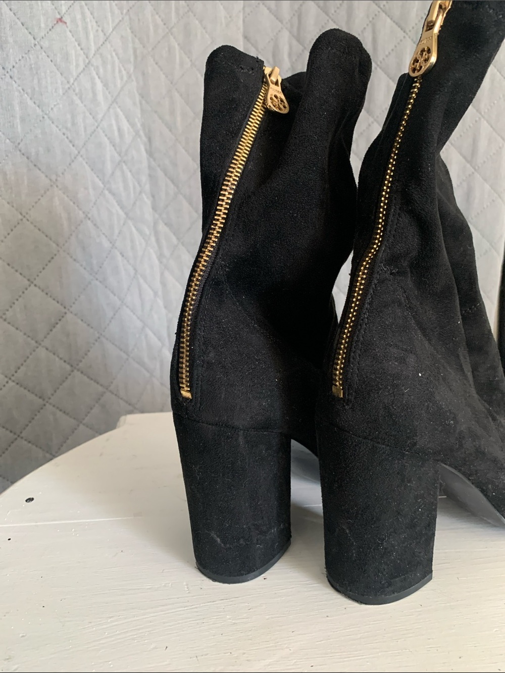 #540 Guess Black Suede Block Heel Ankle Booties with Gold Zippers